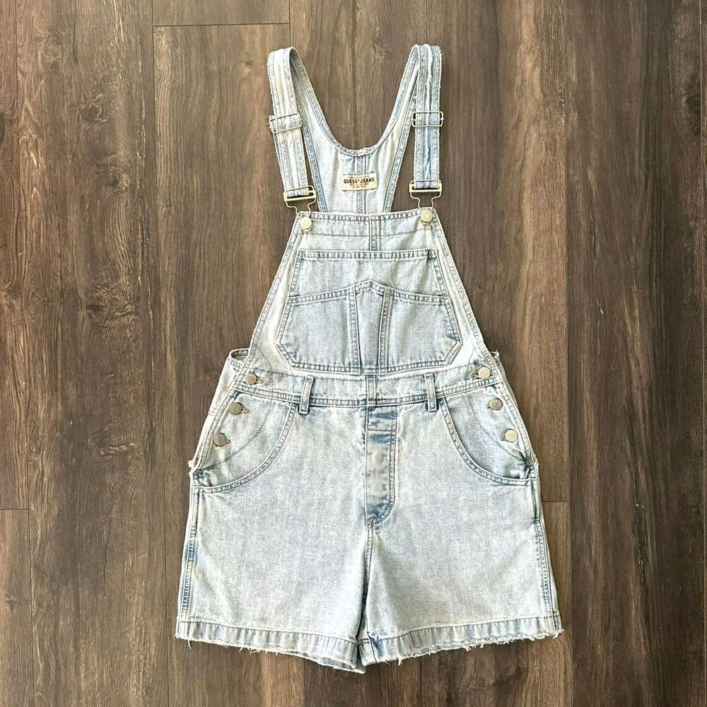 Vintage 90s GUESS Jean Overalls Shorts Light Wash Distressed Made in USA Medium